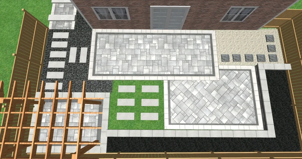 Design software plan of a backyard patio with a pergola and stepping stones