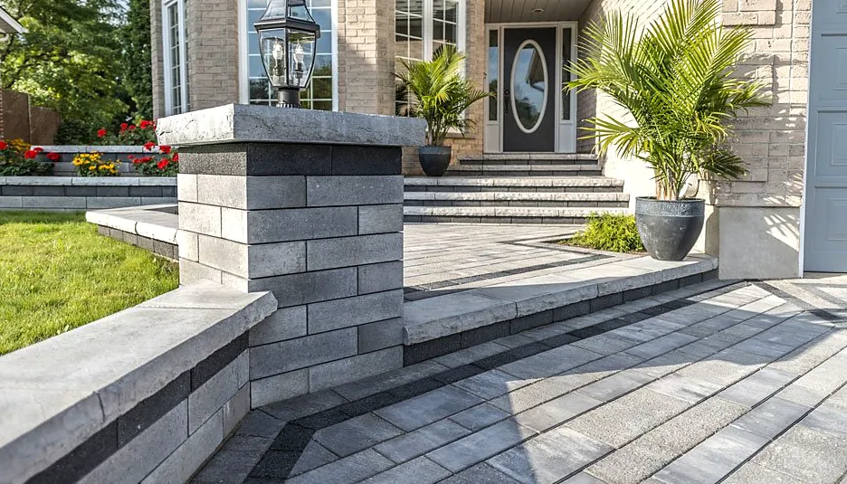 Retaining wall with a stone pillar and lantern beside a front walkway